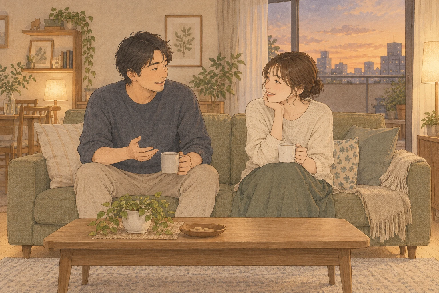 居間のソファでくつろぎながら話す30歳くらいの夫婦